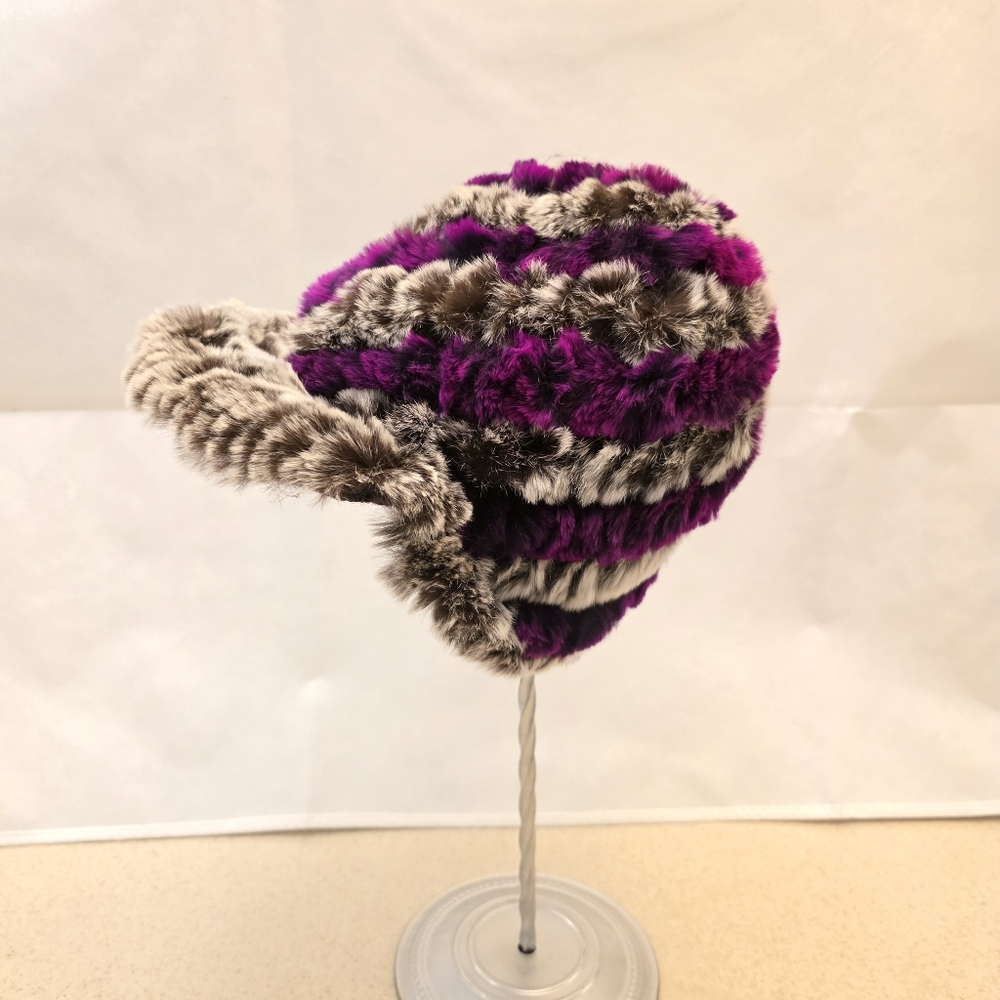 Fuzzy Purple and Gray Striped Hat